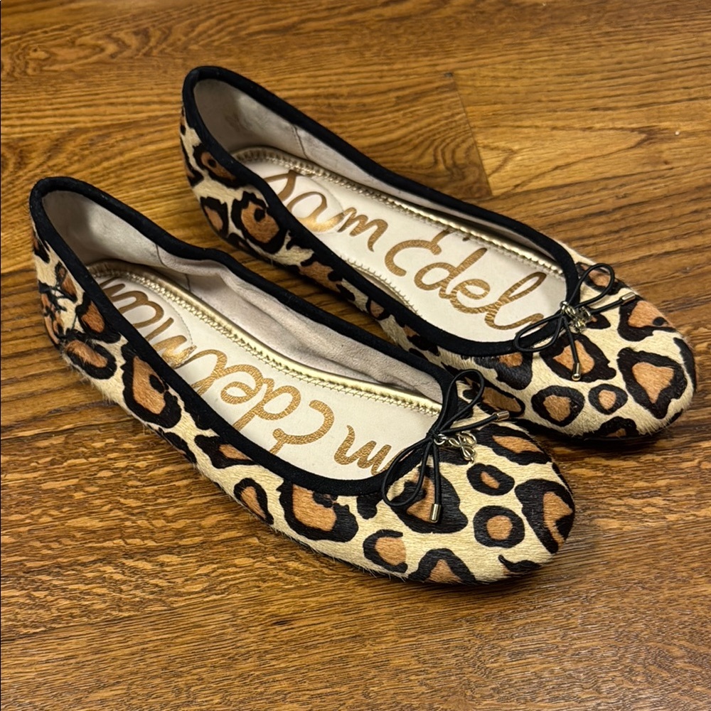Sam Edelman Black and Tan Animal Print Loafers with Bow Accent
